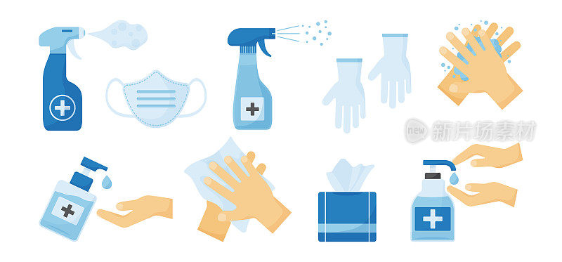 Disinfection vector. PPE icon. Hand hygiene. Set of hand sanitizer bottles, medical mask, washing gel, spray, wipes, liquid soap, gloves.